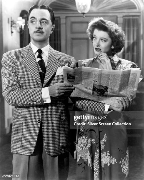 Actors William Powell as Nick Charles and Myrna Loy as Nora Charles in the film 'The Thin Man Goes Home', 1945.