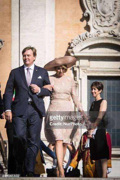 King Willem-Alexander of The Netherlands and Queen Maxima of The Netherlands pose in the front of the Campidoglio after their visit to the mayor...