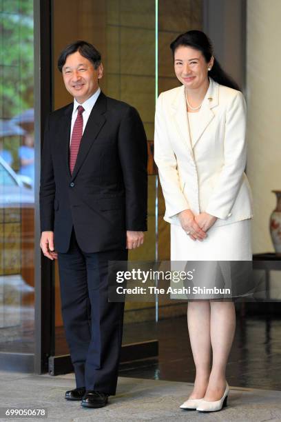 Crown Prince Naruhito is welcomed by Crown Princess Masako after returning home from Denmark at Togu Palace on June 21, 2017 in Tokyo, Japan.