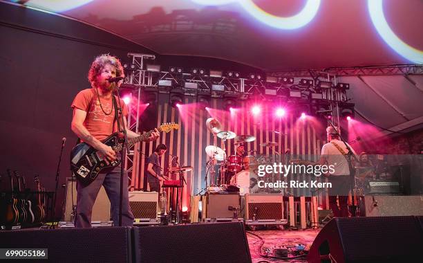 Musicians Chad Urmston , Brad Corrigan , and Pete Francis of Dispatch perform in concert at Stubb's Bar-B-Q on June 20, 2017 in Austin, Texas.