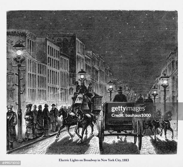 street lighting by electric lights victorian engraving, 1883 - taking a vintage ny taxi cab stock illustrations