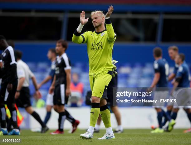 Leicester City's Kasper Schmeichel applauds the fans