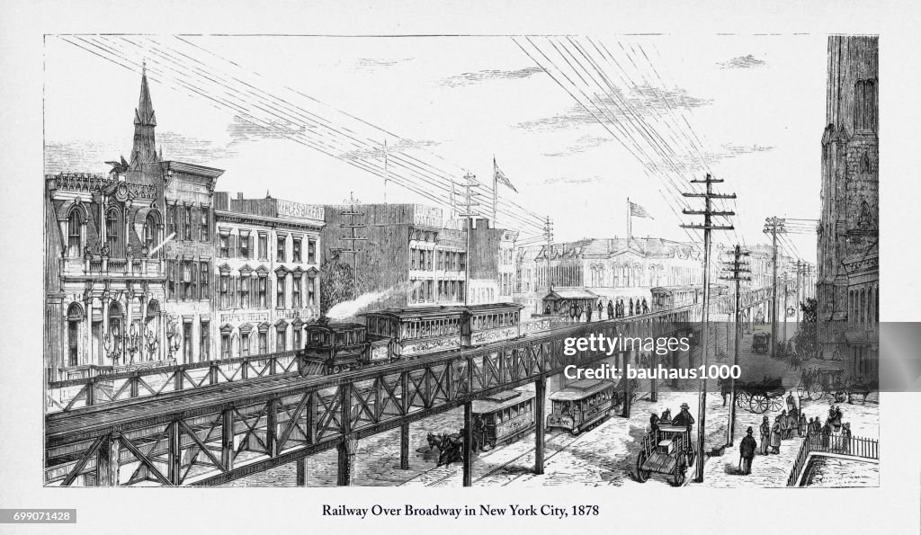 Railway Over Broadway in New York City Victorian Engraving, 1878