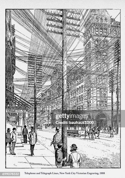 telephone and telegraph lines, new york city victorian engraving, 1888 - manhattan stock illustrations stock illustrations