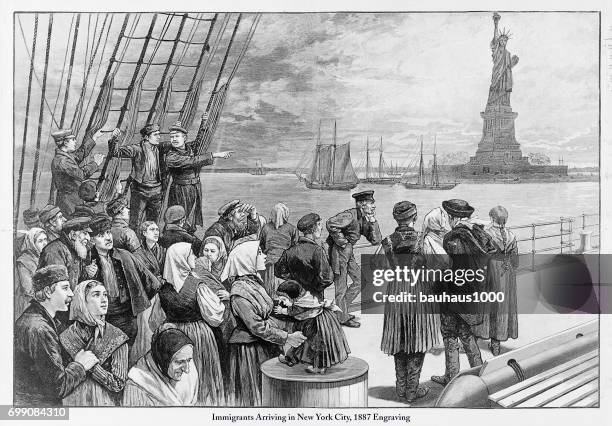 ilustraciones, imágenes clip art, dibujos animados e iconos de stock de inmigrantes nueva york ciudad, 1887 grabado - inmigrante