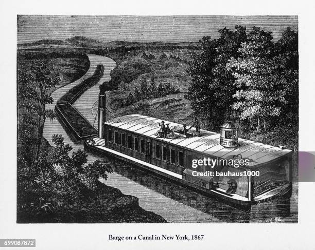 駁船在紐約的維多利亞時代的一條運河上雕刻 1867 - barge 幅插畫檔、美工圖案、卡通及圖標