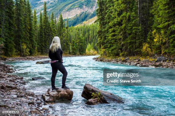 caucasian woman standing on rock near mountain river - bucket list stock pictures, royalty-free photos & images