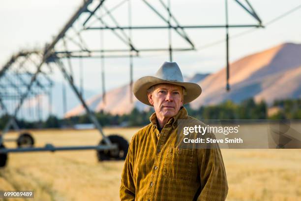 caucasian farmer standing near irrigation equipment - farmer confident serious stock pictures, royalty-free photos & images