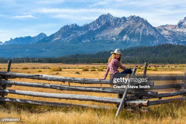 caucasian woman sitting on wooden fence near mountain - fences 2016 film stock-fotos und bilder