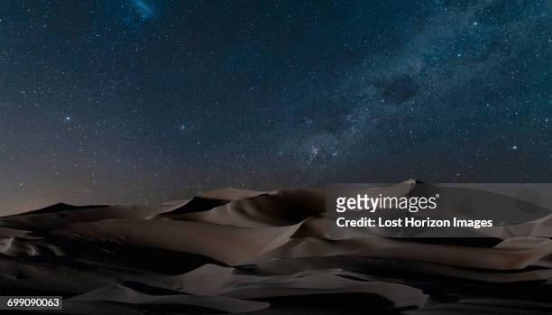view of dunes under starry night sky, namib desert, namibia - desert sky stock pictures, royalty-free photos & images