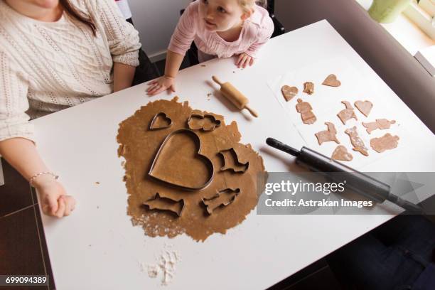 high angle view of mother and daughter preparing cookies at home - family with one child mother bonding family adult daughter focus on background leisure stock-fotos und bilder