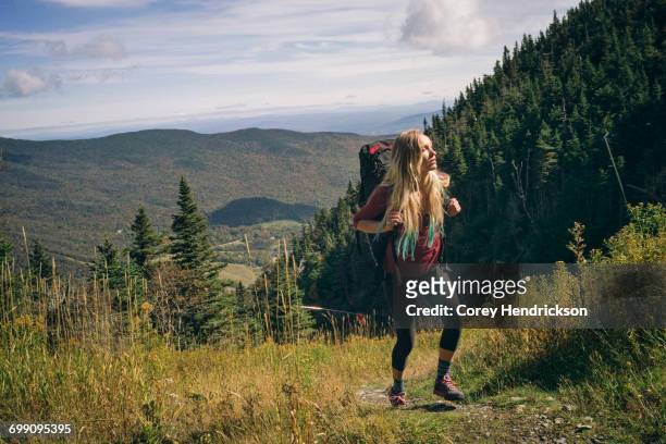 woman hiking on a rocky ridgeline in new england. - 佛蒙特州 個照片及圖片檔