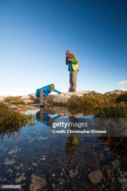 a young woman explores the microclimate of an alpine lake while her partner captures a photo of her. - microclimate stock pictures, royalty-free photos & images