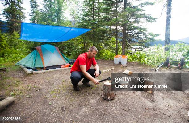 a man chops firewood with a small axe while camping in bowron lake provincial park. - tarpaulin stock pictures, royalty-free photos & images