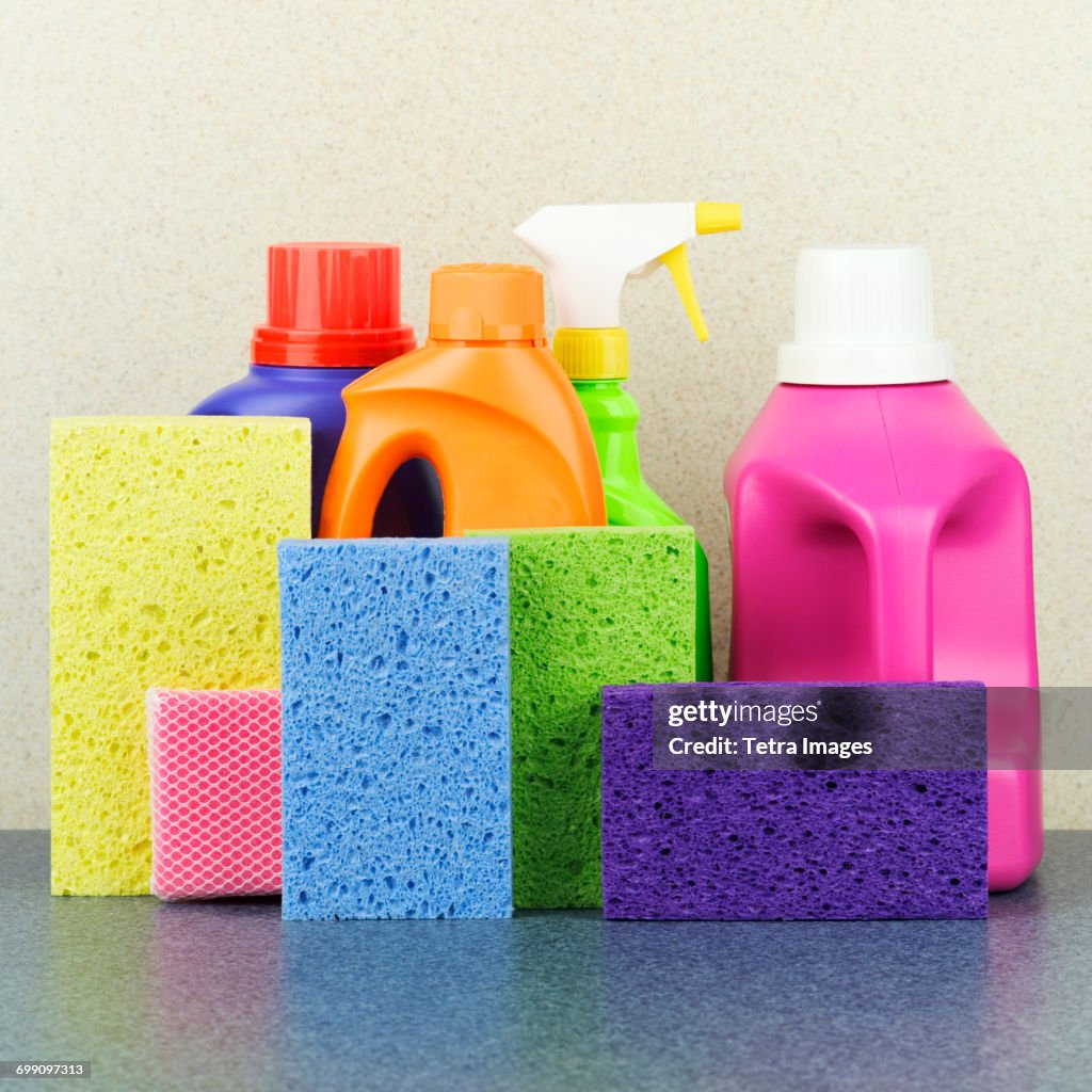 Detergent bottles and sponges