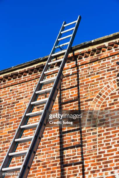 ladder by brick wall - ladder leaning stock pictures, royalty-free photos & images