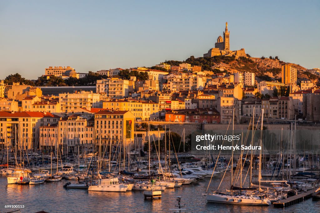 France, Provence-Alpes-Cote dAzur, Marseille, Notre-Dame de la Garde above Vieux port - Old Port