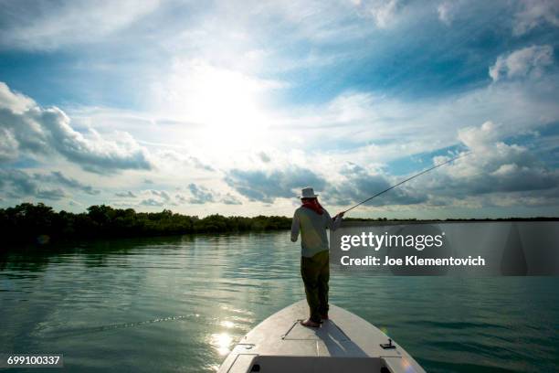 fly fisherman casting to the shores of a mangrove island in florida bay. - florida angeln stock-fotos und bilder