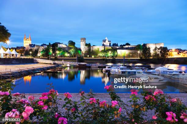 france, pays de la loire, angers, harbor by chateau dangers at dusk - angers france stock pictures, royalty-free photos & images