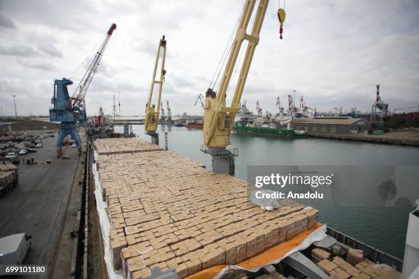 Turkish ship "Sefkat" carrying 10 thousands of tones of food and equipment for Gaza is arrived at Israel's Ashdod port prior to entering the Gaza...