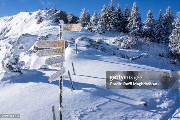 a yellow hiking sign post lightly dusted with snow - canton-de-vaud photos et images de collection