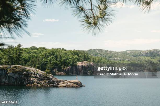 young woman standing on a rock in the middle of george lake - killarney lake stock pictures, royalty-free photos & images