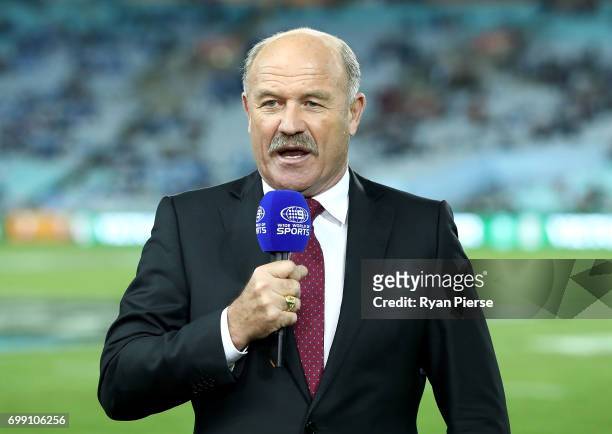 Queensland Rugby League Legend Wally Lewis commentates before game two of the State Of Origin series between the New South Wales Blues and the...