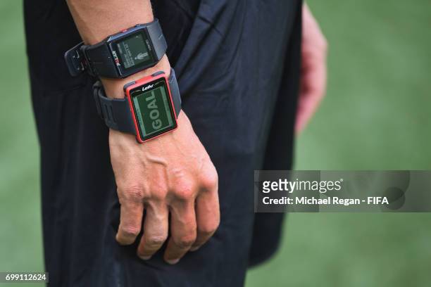 The 4th official's GLT watch displays 'GOAL' during the test prior to the FIFA Confederations Cup Russia 2017 Group A match between Portugal and...