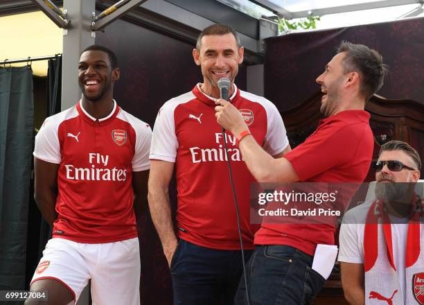 Former Arsenal player Martin Keown on stage to help introduce the new Arsenal Puma Home kit at King's Cross St. Pancras Station on June 21, 2017 in...