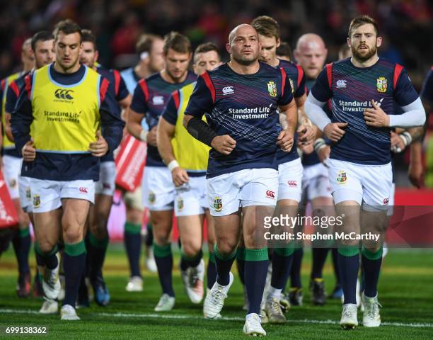 Hamilton , New Zealand - 20 June 2017; British and Irish Lions captain Rory Best leads his side back to the changing rooms prior to the match between...