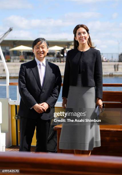 Crown Prince Naruhito and Crown Princess Mary of Denmark cruise around Copenhagen Harbour on June 20, 2017 in Copenhagen, Denmark.