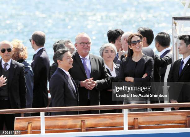 Crown Prince Naruhito and Crown Princess Mary of Denmark cruise around Copenhagen Harbour on June 20, 2017 in Copenhagen, Denmark.