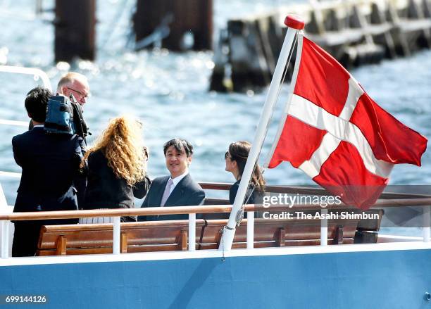 Crown Prince Naruhito and Crown Princess Mary of Denmark cruise around Copenhagen Harbour on June 20, 2017 in Copenhagen, Denmark.