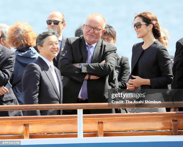 Crown Prince Naruhito and Crown Princess Mary of Denmark cruise around Copenhagen Harbour on June 20, 2017 in Copenhagen, Denmark.