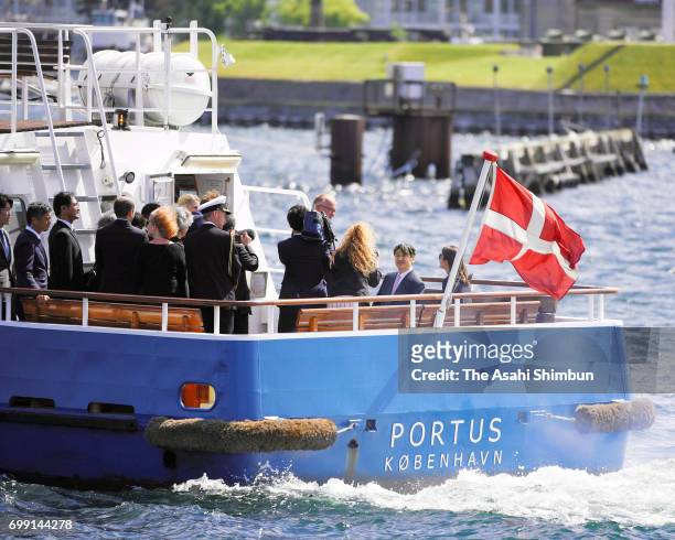 Crown Prince Naruhito and Crown Princess Mary of Denmark cruise around Copenhagen Harbour on June 20, 2017 in Copenhagen, Denmark.