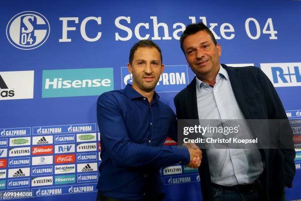 Head coach Domenico Tedesco and manager Christian Heidel of Schalke pose during the presentation of new head coach Domenico Tedesco at Veltins-Arena...