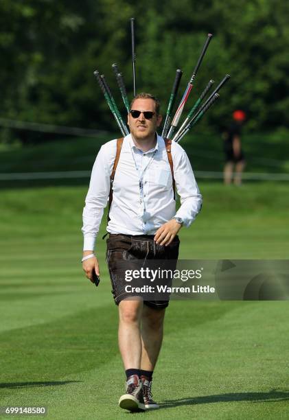 An Bavarian caddie is pictured during the pro-am event ahead of the BMW International Open at Golfclub Munchen Eichenried on June 21, 2017 in Munich,...