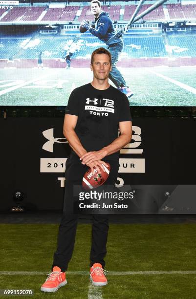 New England Patriots NFL quarterback Tom Brady attends the phtocall during the Under Armour 2017 Tom Brady Asia Tour at Ariake Colosseum on June 21,...