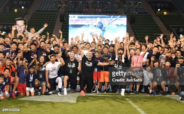 New England Patriots NFL quarterback Tom Brady attends the phtocall during the Under Armour 2017 Tom Brady Asia Tour at Ariake Colosseum on June 21,...