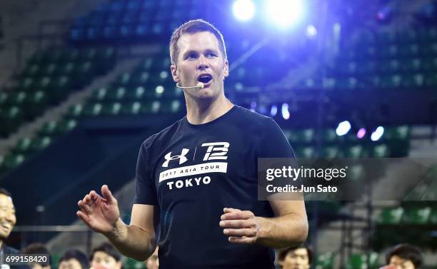 New England Patriots NFL quarterback Tom Brady during the Under Armour 2017 Tom Brady Asia Tour at Ariake Colosseum on June 21, 2017 in Tokyo, Japan.