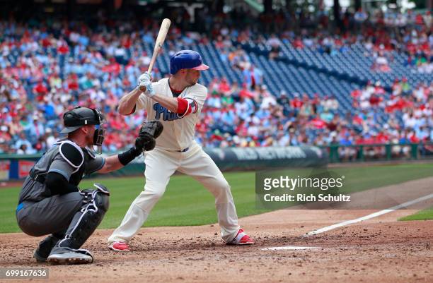 Daniel Nava of the Philadelphia Phillies in action against the Arizona Diamondbacks during a game at Citizens Bank Park on June 18, 2017 in...