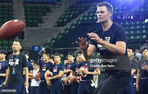 New England Patriots NFL quarterback Tom Brady during the Under Armour 2017 Tom Brady Asia Tour at Ariake Colosseum on June 21, 2017 in Tokyo, Japan.