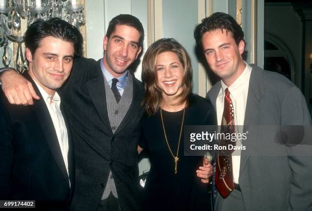 American actors Matt LeBlanc, David Schwimmer, Jennifer Aniston and Matthew Perry of the television comedy, Friend's pose for a portrait during an...