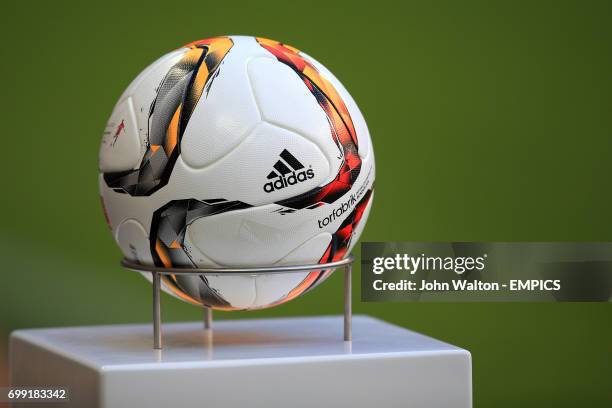 Adidas Torfabrik matchball on display before the match