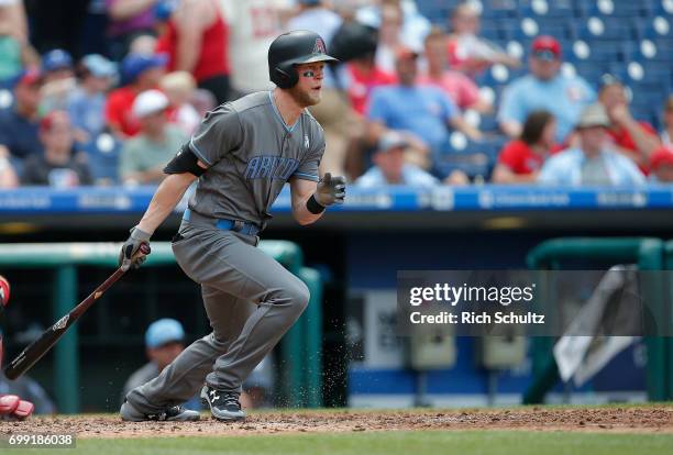 Jeremy Hazelbaker of the Arizona Diamondbacks in action against the Philadelphia Phillies during a game at Citizens Bank Park on June 18, 2017 in...