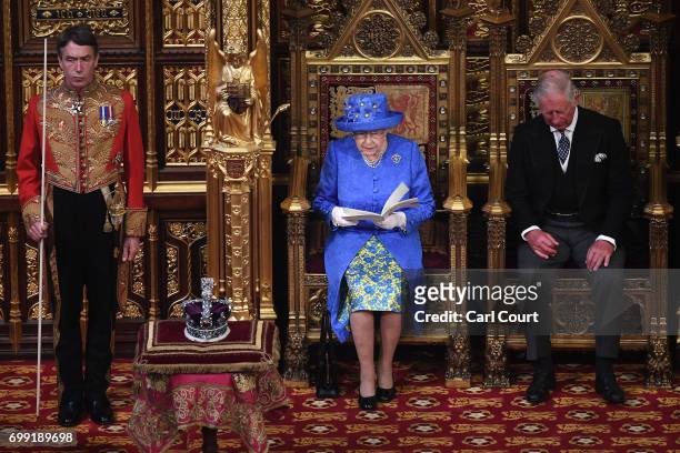 Queen Elizabeth II and Prince Charles, Prince of Wales attend the State Opening Of Parliament in the House of Lords on June 21, 2017 in London,...