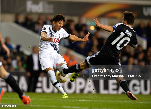 Tottenham Hotspur's Son Heung-Min is tackled by Qarabag's Dani Quintana