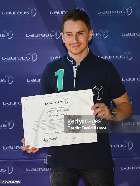 MotoGP rider and new Laureus Ambassador Jorge Lorenzo of Spain poses for the media at the Jeroni de Moragas Foundation on June 21, 2017 in Barcelona,...