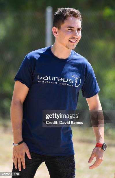 MotoGP rider and new Laureus Ambassador Jorge Lorenzo of Spain plays a football match at the Jeroni de Moragas Foundation on June 21, 2017 in...