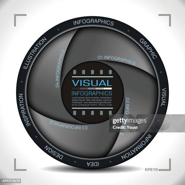 ilustraciones, imágenes clip art, dibujos animados e iconos de stock de infografía en estilo de apertura de cámara - camara lente